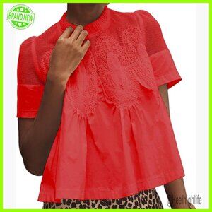 Lace Detail Flared Blouse Short Sleeve Mesh Swing Top Casual Office Wear